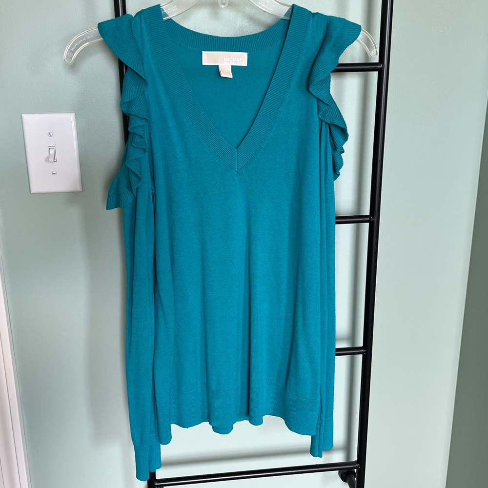 Michael Kors Turquoise Top with cutout shoulders and ruffle trim